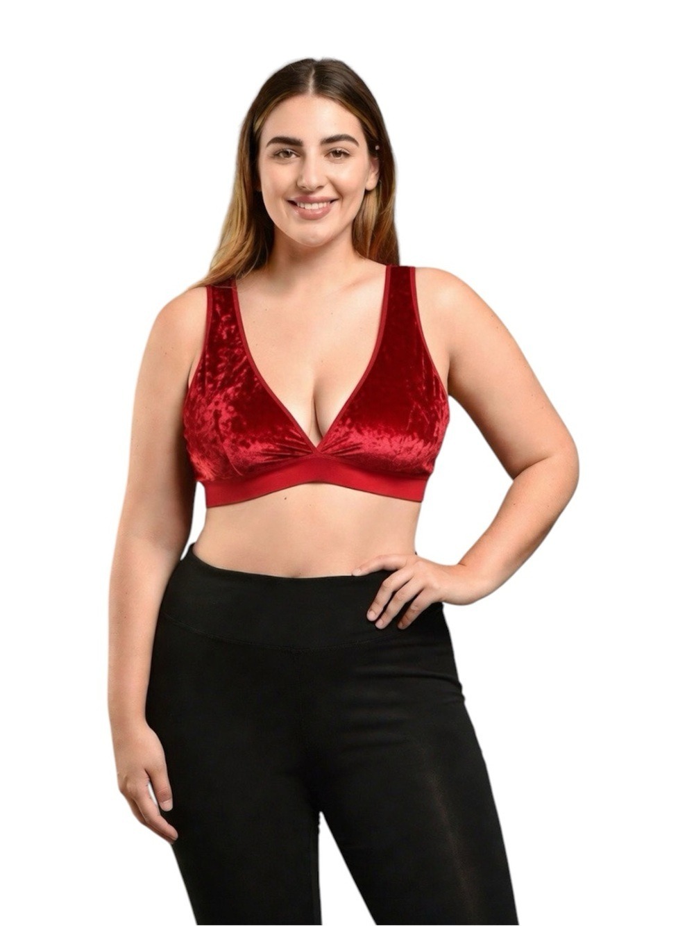 Fabletics Crushed Velvet Sports Bra Red Plunge V-Neck Cross Back Athleisure